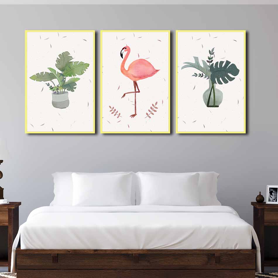 Bộ 3 tranh canvas treo tường Decor hoa lá, hồng hạc, phong cách hiện đại - DC084