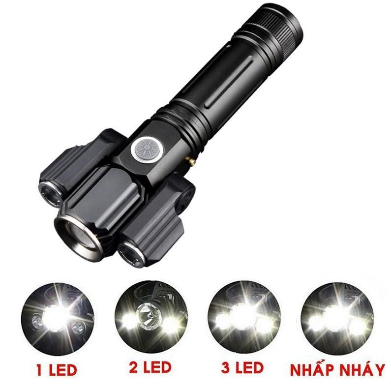 Đèn Pin Led Cầm Tay 3 Bóng Siêu Sáng Xoay 360 Độ, 4 Chế Độ Ánh Sáng