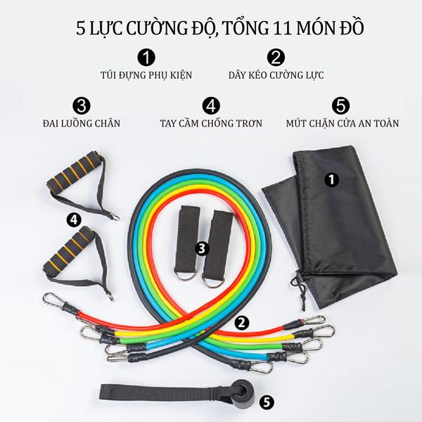 Bộ dây tập thể hình, đa năng ngũ sắc đàn hồi cao cấp 11 món, tăng cơ, vận động, luyện bắp tay bắp chân
