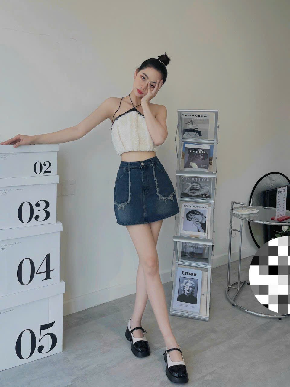 Chân váy jean ngắn chữ A túi kiểu