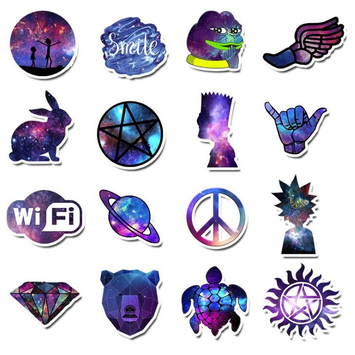 Sticker nhãn dán tím galaxy trang trí mũ bảo hiểm, đàn, guitar, ukulele, điện thoại laptop