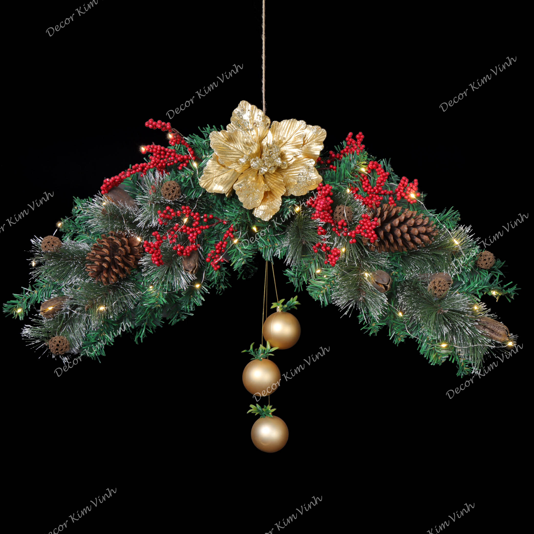 Dây Treo Đối Xứng DX04 Dây Treo Hoa Nhũ Vàng Trang Trí Giáng Sinh Kèm Đèn