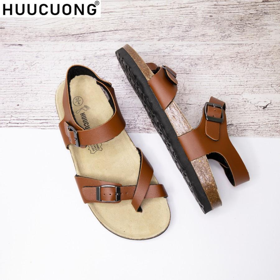 Giày Sandal Unisex HuuCuong xỏ ngón pu nâu đế trấu handmade