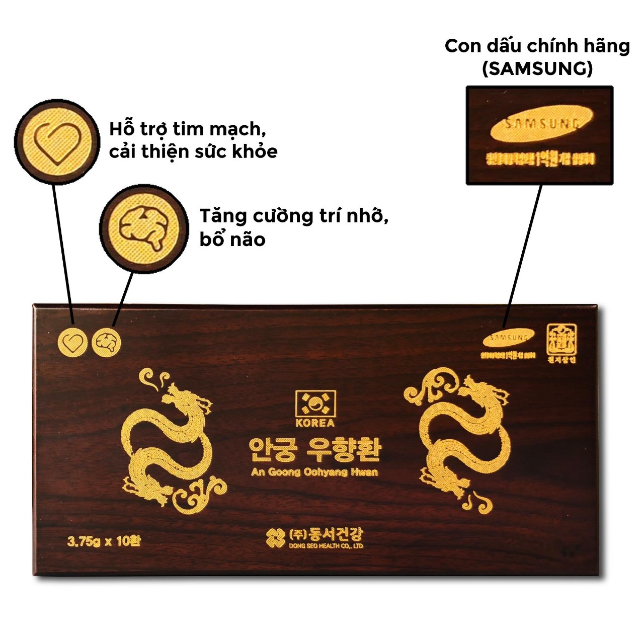 Viên ngăn ngừa đột quỵ An Cung Ngưu Hoàng Hoàn hộp gỗ 10 viên nhập khẩu Hàn Quốc