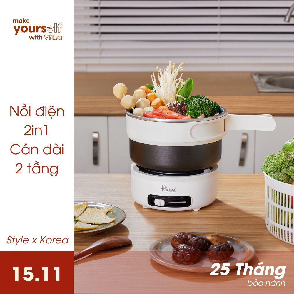 Nồi lẩu điện đa năng Hàng Chính Hãng VIFIBA tay cầm gấp gọn, bếp tách rời, dung tích 2L, 2 cấp độ - Nấu, Chiên, Xào, Hấp, Lẩu , Cháo,...