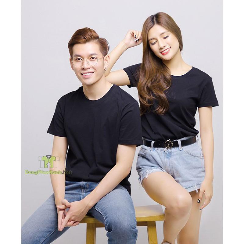 Áo thun cotton cổ tròn màu đen Nam Nữ