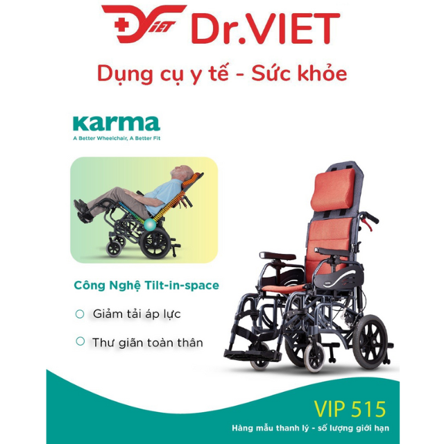 Xe lăn VIP 515 sử dụng công nghệ tilt-in- space giúp thư giãn, giảm loét, chống trượt về trước. Nâng được thành tay, để chuyển người bệnh từ giường sang xe, không cần bế bổng