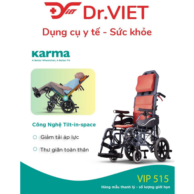 Xe lăn VIP 515 sử dụng công nghệ tilt-in- space giúp thư giãn, giảm loét, chống trượt về trước. Nâng được thành tay, để chuyển người bệnh từ giường  sang xe, không cần bế bổng