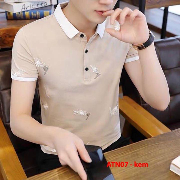 Áo phông nam có cổ tay ngắn thêu họa tiết vải thun Cotton co giãn thoáng mát size 40kg đến 85kg ATN003