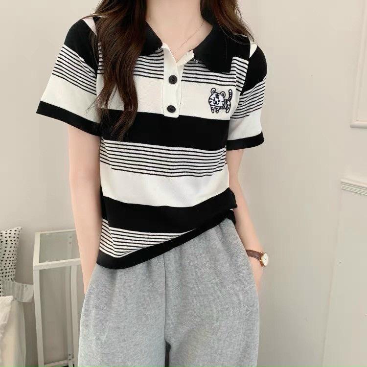 Áo len dệt kim Montoghi Quảng Châu thêu hình HỔ CON cổ phối nút sọc ngang siêu dễ thương