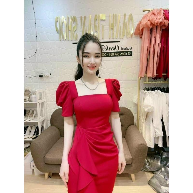 Đầm body tay phồng bèo lai xếp ly eo, cổ vuông cực sang chảnh