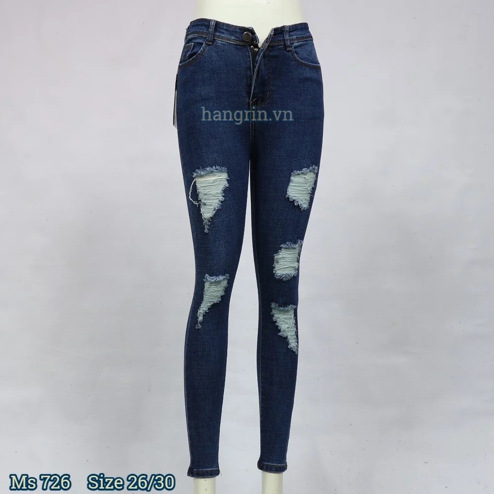 Quần Jean Nữ Lưng Cao Rách Màu Xanh Đậm Size 26-30 HR726