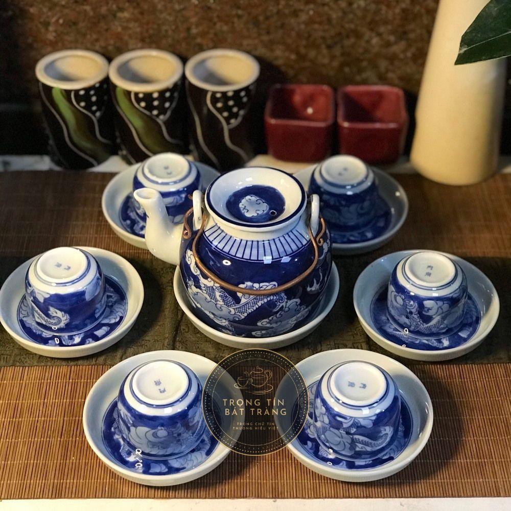 Bộ Ấm Chén Trà Đạo Gốm Trắng Men Lam Bát Tràng Long Ẩn Dáng Biến Trúc Đề Lương Dung Tích 480ml ATA 22