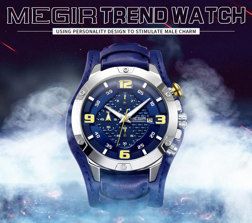 
Đồng hồ nam MEGIR 2099 Quartz Sport đeo tay đơn giản Dây da 3ATM Lịch chống nước Chronograph Bàn tay dạ quang