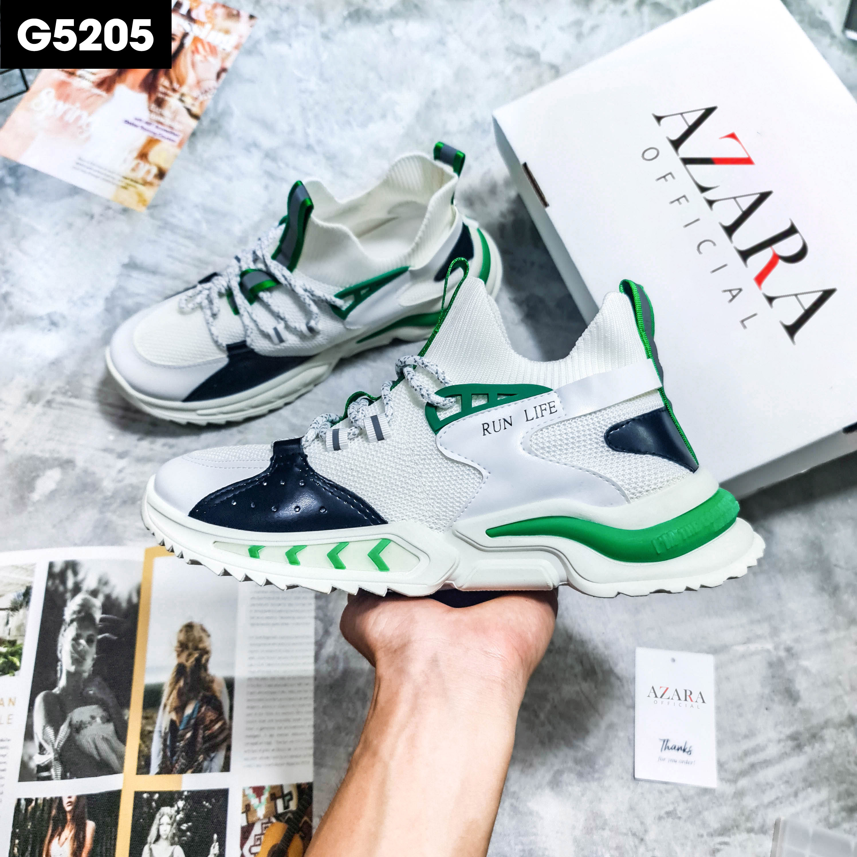 Giày Thể Thao Nam AZARA- Sneaker Màu Đen - Trắng - Xám, Giày Thể Thao Họa Tiết Dấu Phẩy, Thoáng Khí - G5200