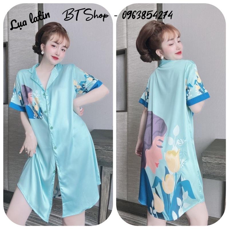 Váy ngủ mặc nhà lụa latin sơ mi hoạ tiết freesize 42-57kg