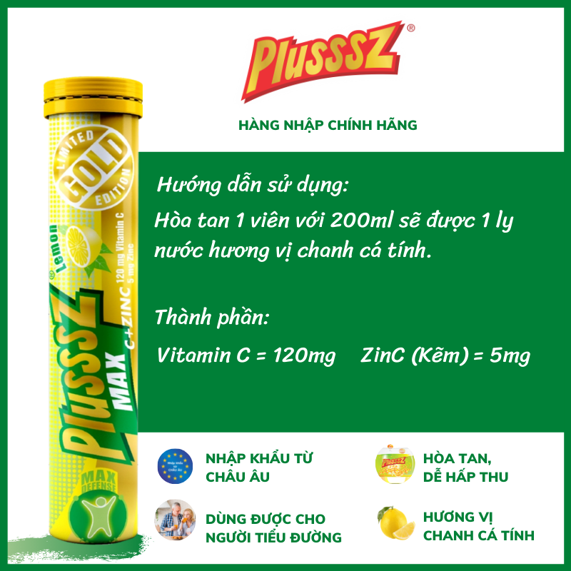 Viên sủi tăng đề kháng Plusssz Max Multivitamin vị Cam + Vitamin C vị Chanh + Calcium Đào + C1000 + Performance