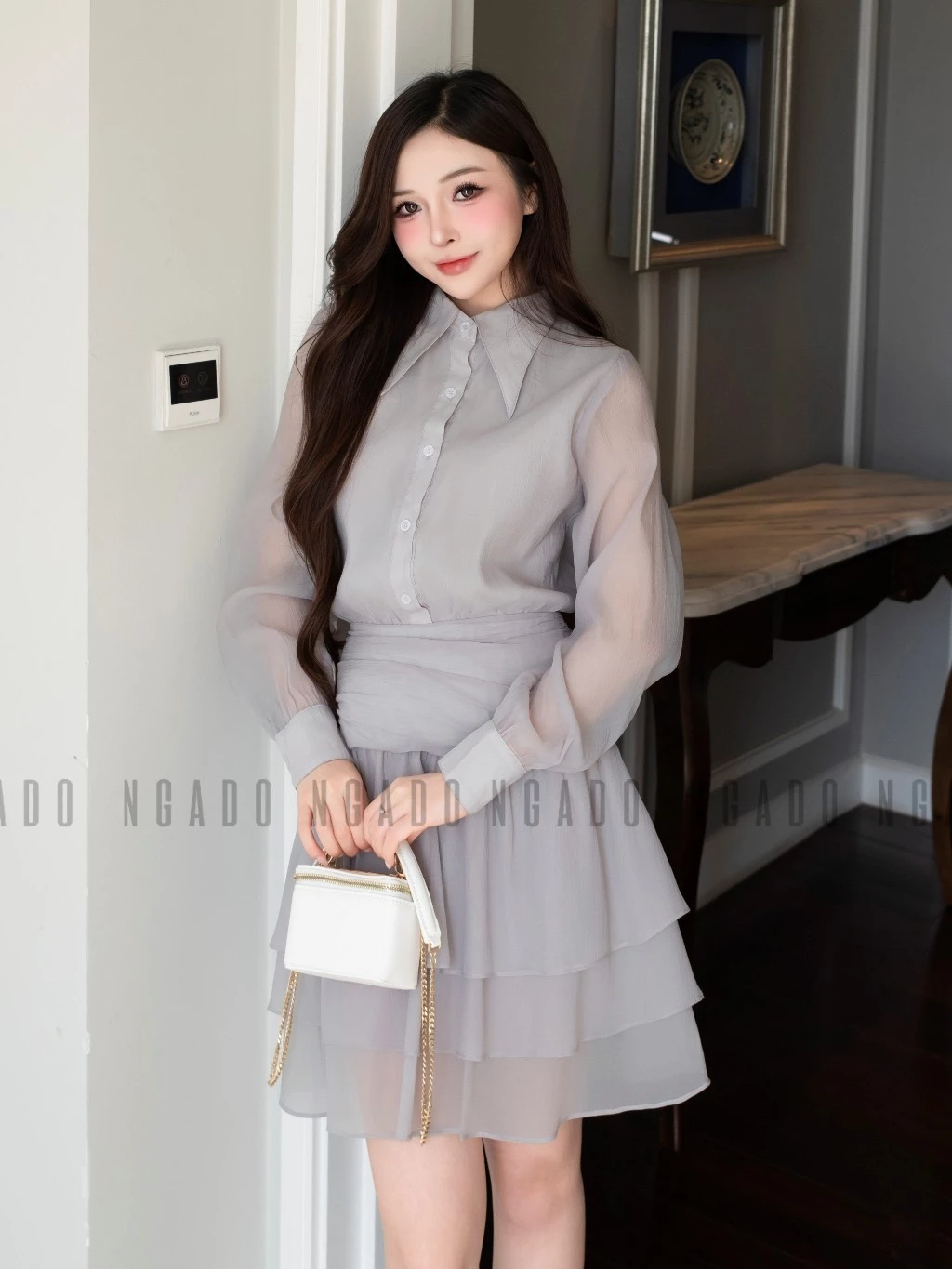 Đầm xám phối voan NGADO , đầm sơ mi , đầm dài tay