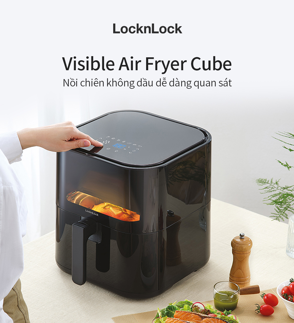 Nồi chiên không dầu Lock&Lock EJF996BLK 5.5L Visible air fryer CUBE - Hàng chính hãng, cửa sổ trong suốt, 7 menu có sẵn