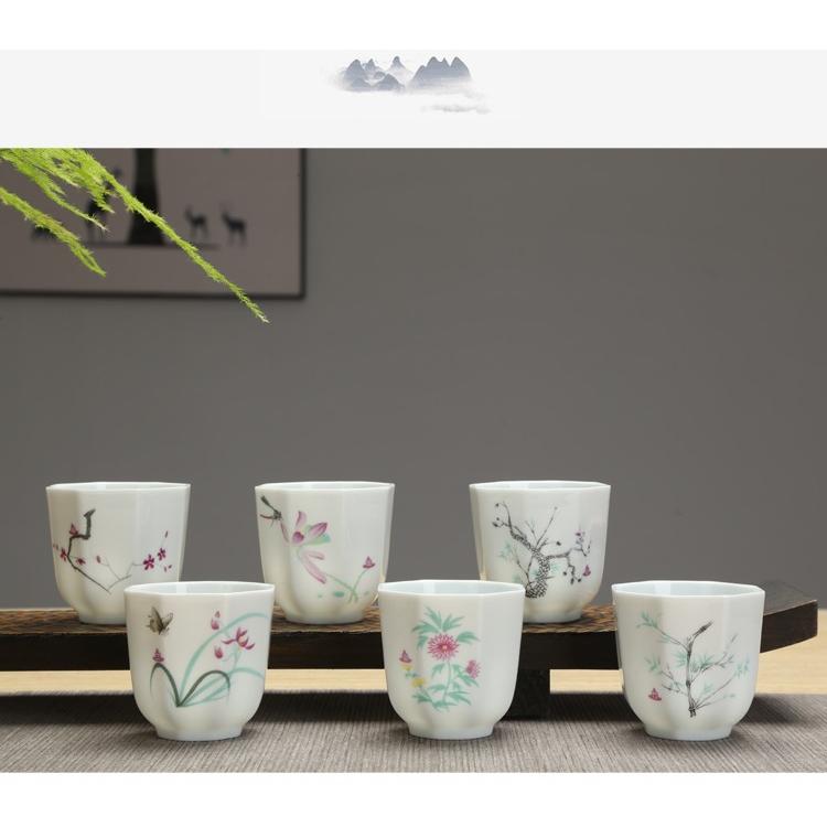 Set hộp quà tặng 6 cốc sứ uống trà, ly sứ in hoa phong thủy 75ml