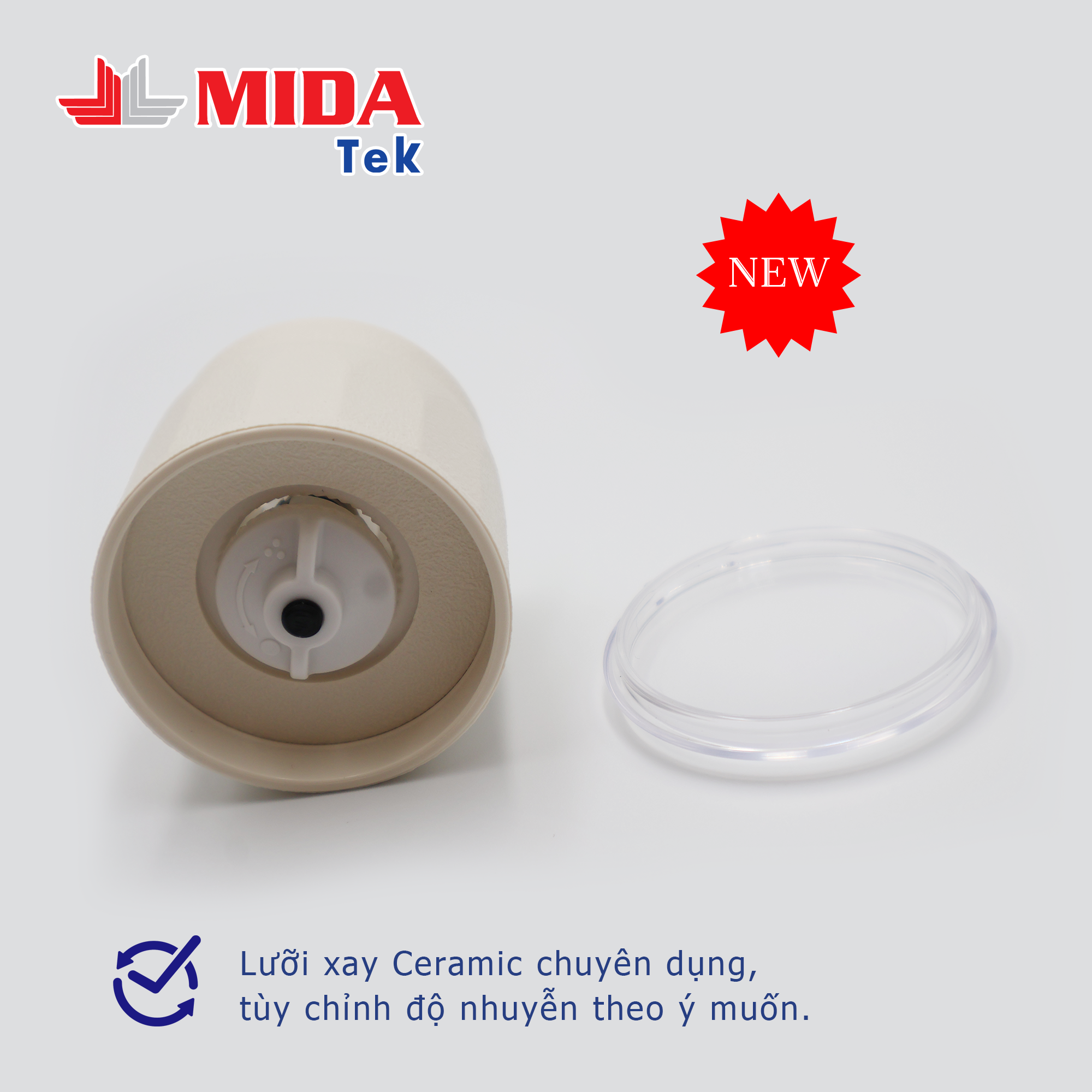 Bộ 2 Nắp xay tiêu MIDATEK cối xay ceramic Màu Kem cho hũ nhựa đường kính 45mm