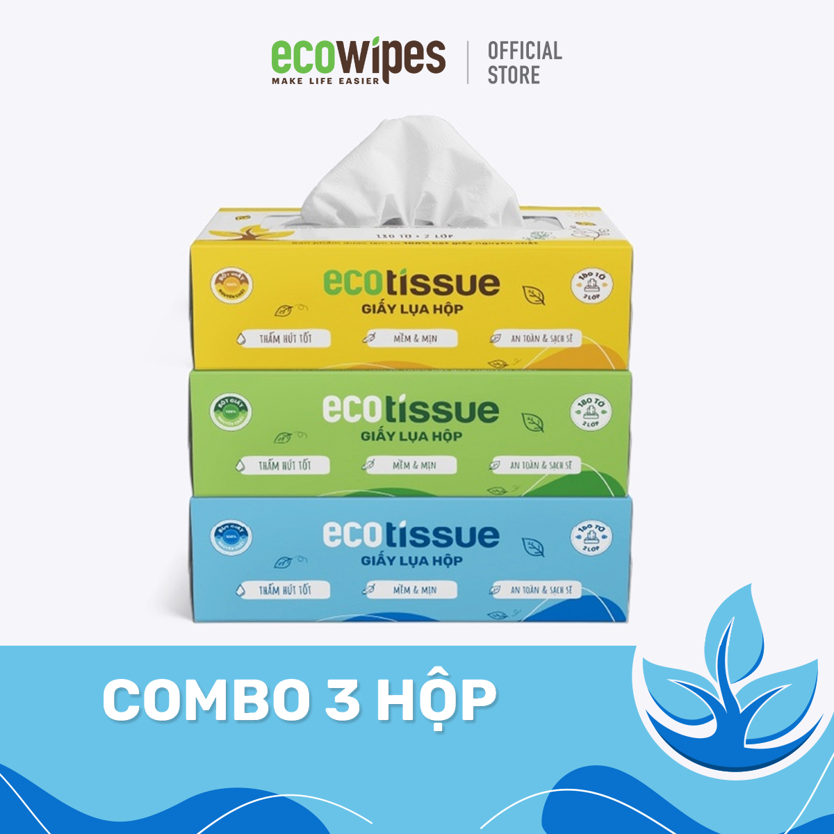 Combo 3 hộp khăn giấy Ecotissue 180 tờ cao cấp siêu mềm mịn dai thấm hút tốt an toàn sạch sẽ