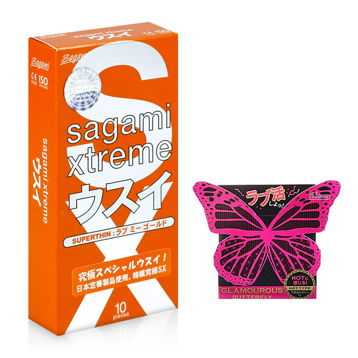 Bao Cao Su Mỏng Trơn Không Mùi Sagami Love Me Orange (Hộp 10 Chiếc) - Tặng Bcs Jex Glamourous Butterfly (1 Chiếc) - Hàng Chính Hãng 100% - Che Tên Sản Phẩm - SHOP ADAM