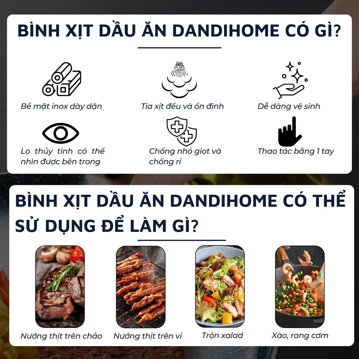 Bình xịt dầu ăn DandiHome dạng phun sương kèm phễu sử dụng cho vỉ nướng, nồi chiên không dầu trong nhà bếp