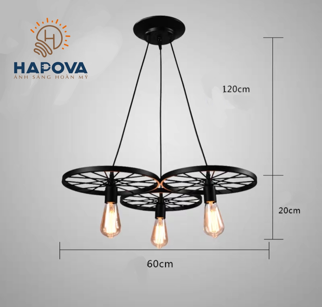 Bộ 3 đèn thả trần bánh xe trang trí nhà quán cà phê HAPOVA BELIC 7089 + Tặng kèm bóng Edison