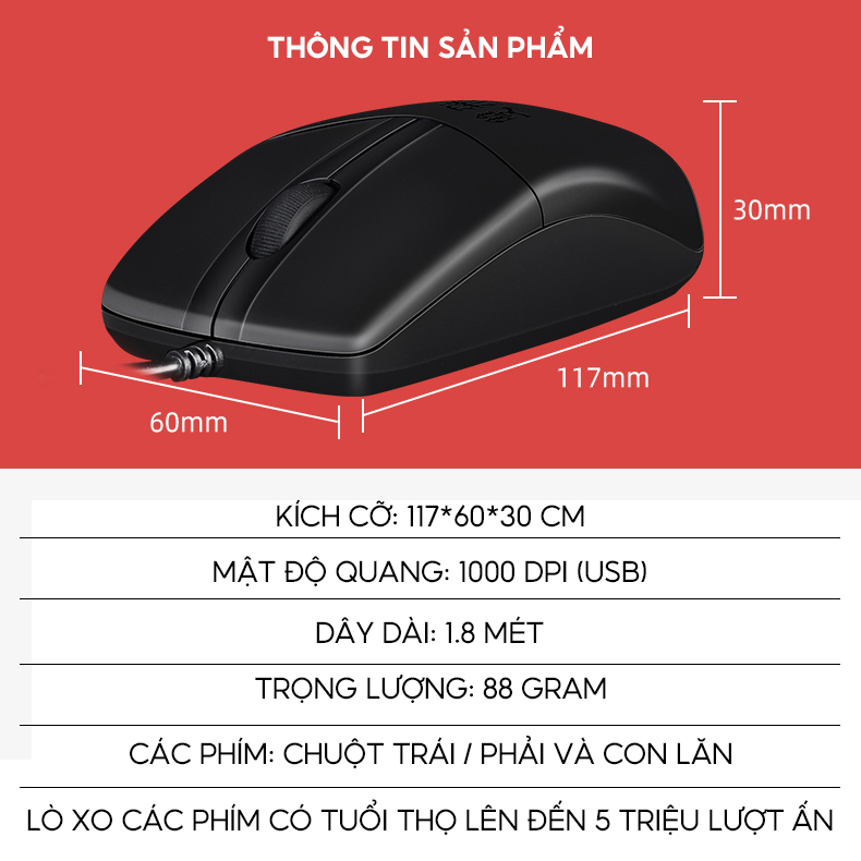 Chuột Quang Máy Tính Có Dây Mã Hàng OP-520 Dây Dài 1.8 Mét Dùng Cho Máy Tính Laptop Tivi