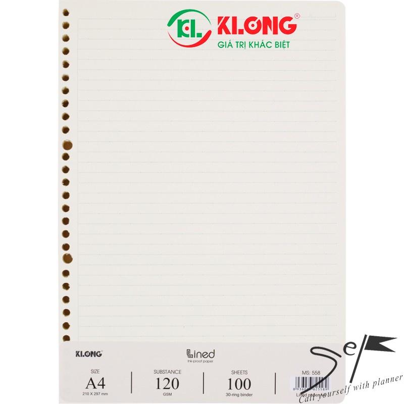 Ruột sổ còng giấy refill kẻ ngang A4 100 tờ; MS: 558, chính hãng Klong 30 lỗ còng binder