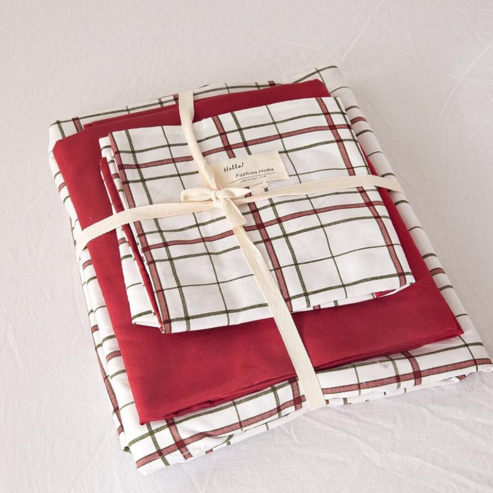 Bộ Chăn Ga Gối Cotton TC - Kẻ ô ga đỏ