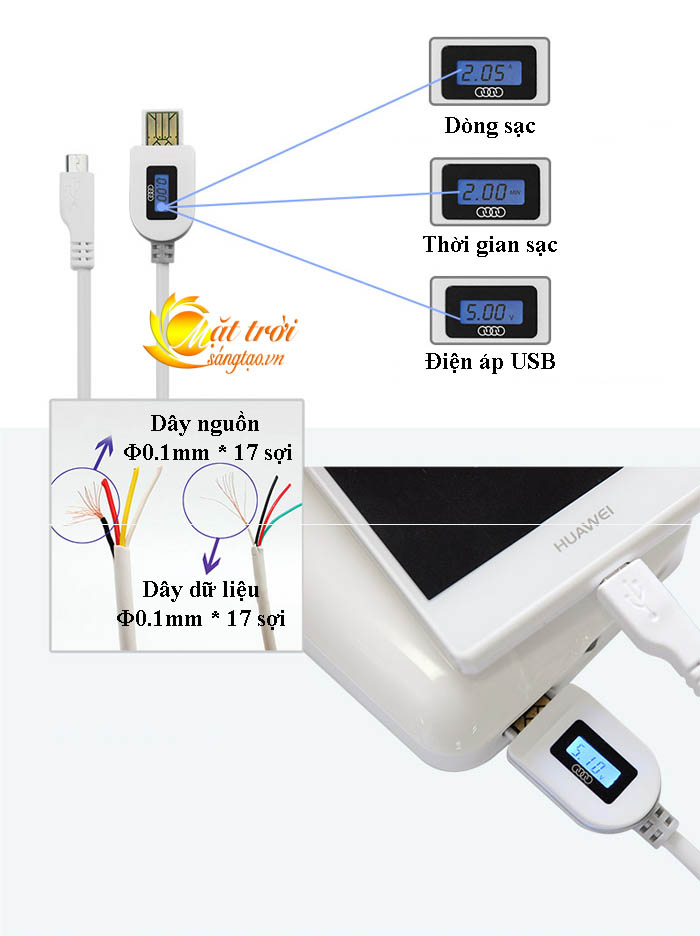 Cáp sạc micro USB đo thời gian, điện áp và dòng sạc