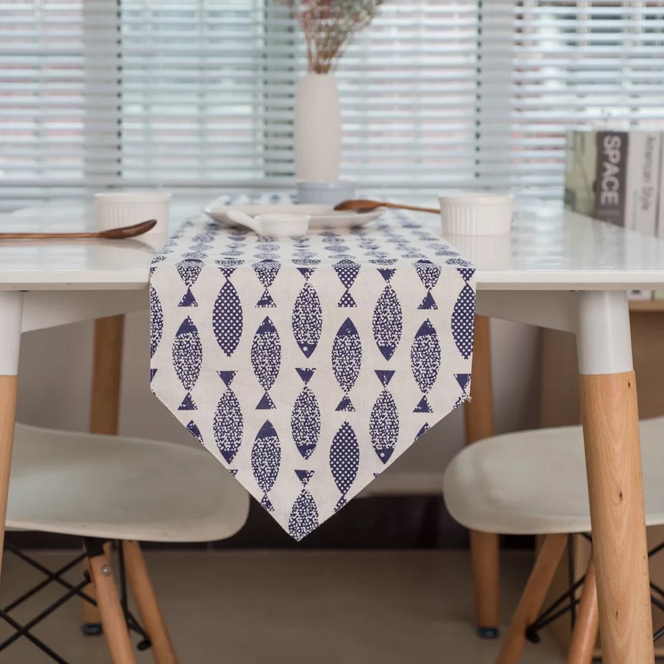 Khăn trải bàn table runner vải bố - Họa tiết Cá - mẫu A01