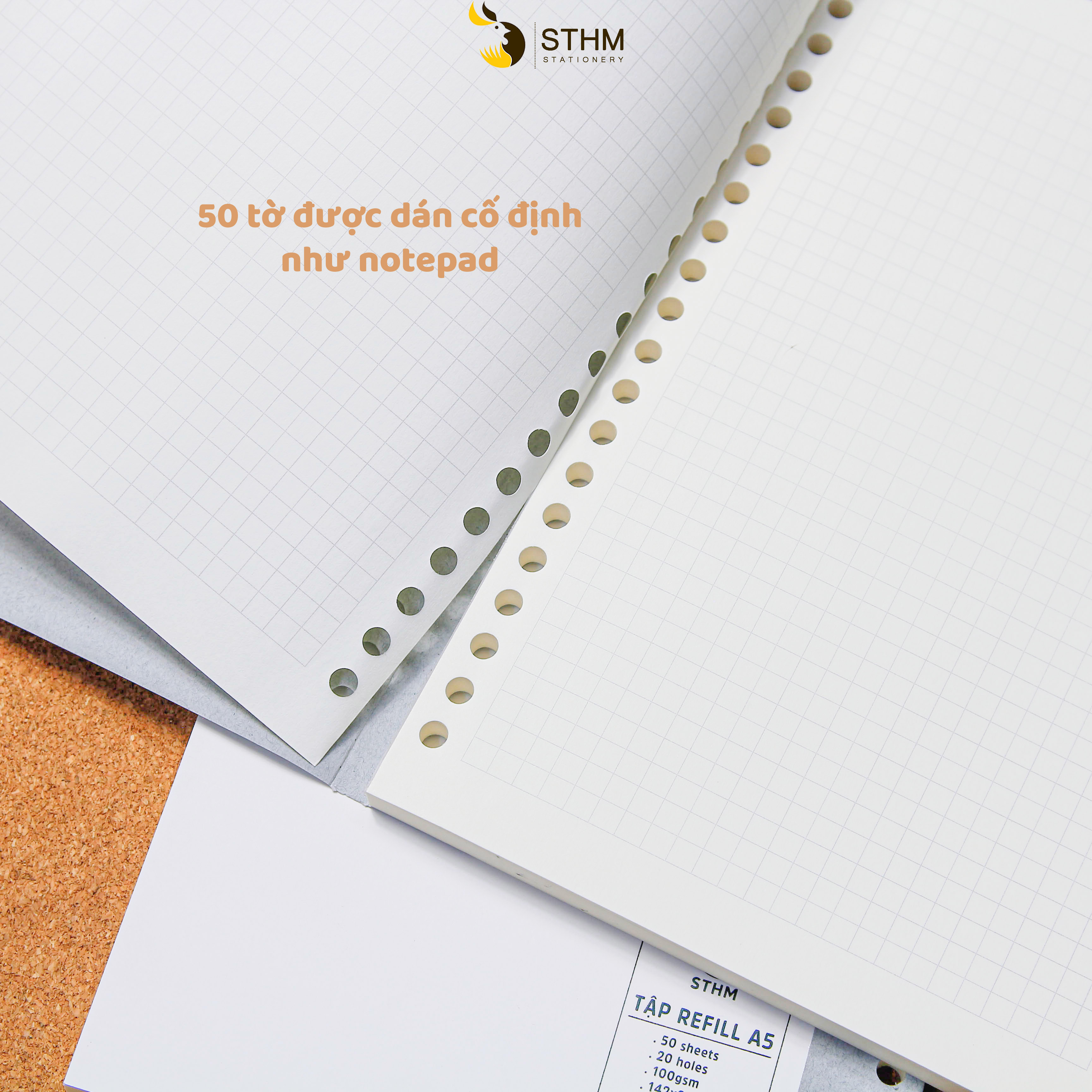 [STHM stationery] - Tập refill A5 20 lỗ - Gáy dán keo xé được như notepad - 50 tờ kem 100gsm