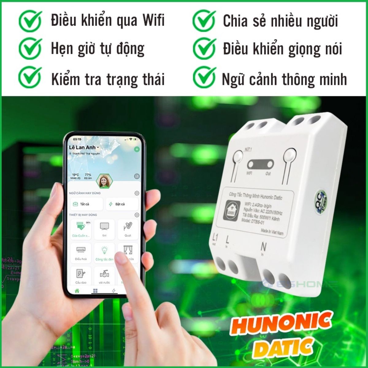 Công Tắc Thông Minh WiFi Hunonic Datic Basic 500W DTBS01, App Tiếng Việt, Điều Khiển Từ Xa Trên Điện Thoại qua WiFi/4G