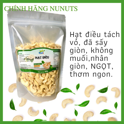 Hạt điều tách vỏ, KHÔNG MUỐI, đã sấy giòn, HẠT NỬA, nhân GIÒN, NGỌT tự nhiên,món ăn vặt ngon từ Nunuts