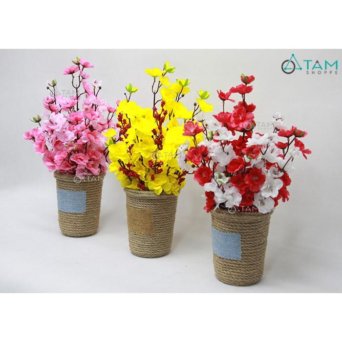 Chậu hoa mai đào handmade dây thừng T-HOA-14