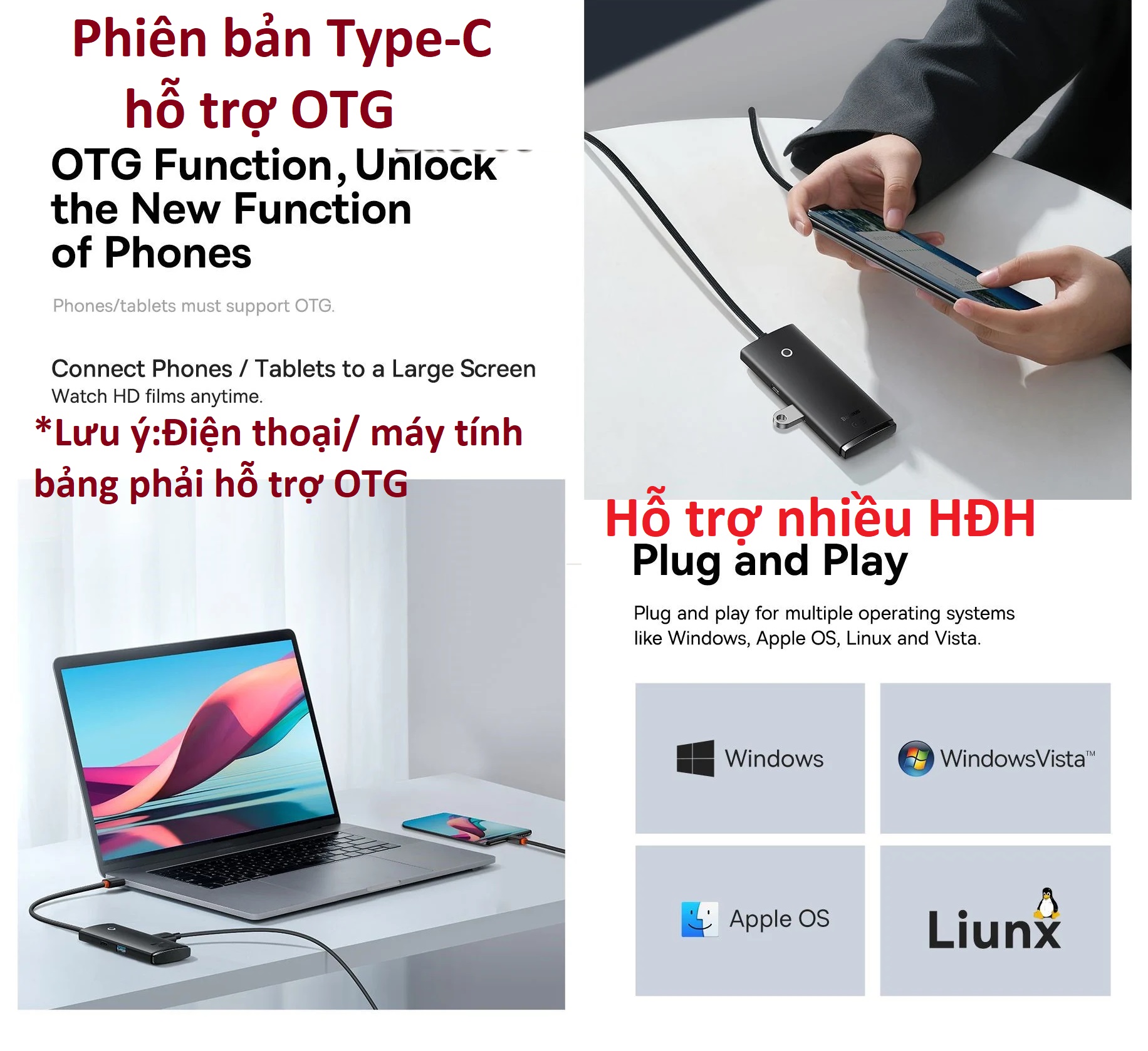 Hình ảnh Bộ chuyển cổng Type-C / USB 4 IN 1 Baseus Airjoy Lite Series BS-OH012 / BS-OH015 _ Hàng chính hãng