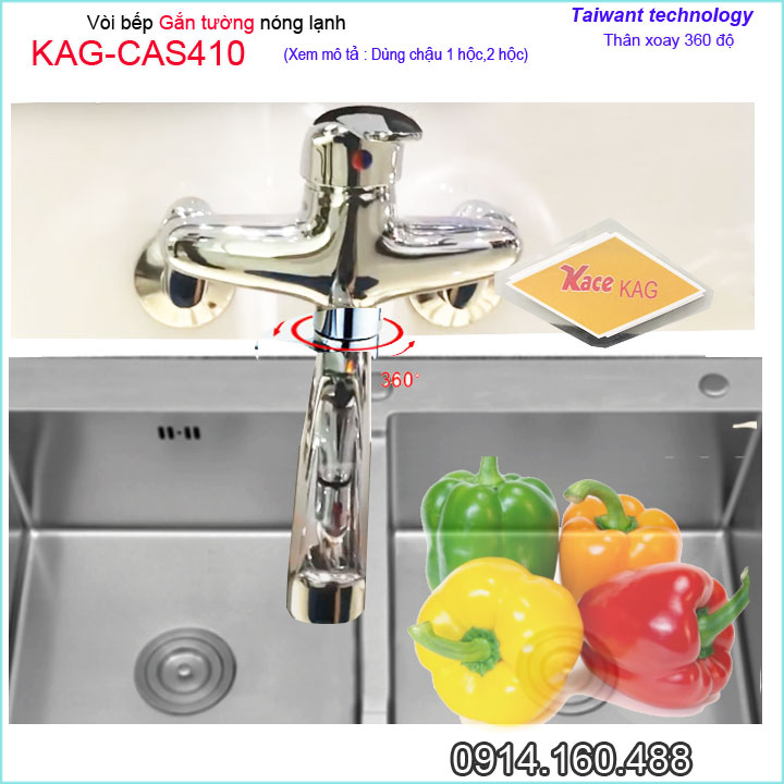 Vòi bếp nóng lạnh KAG-CAS410 cần xoay 180 độ, Vòi bồn tắm gắn tường thiết kế đẹp nước mạnh màu inox bóng chất lượng tốt sử dụng siêu bền