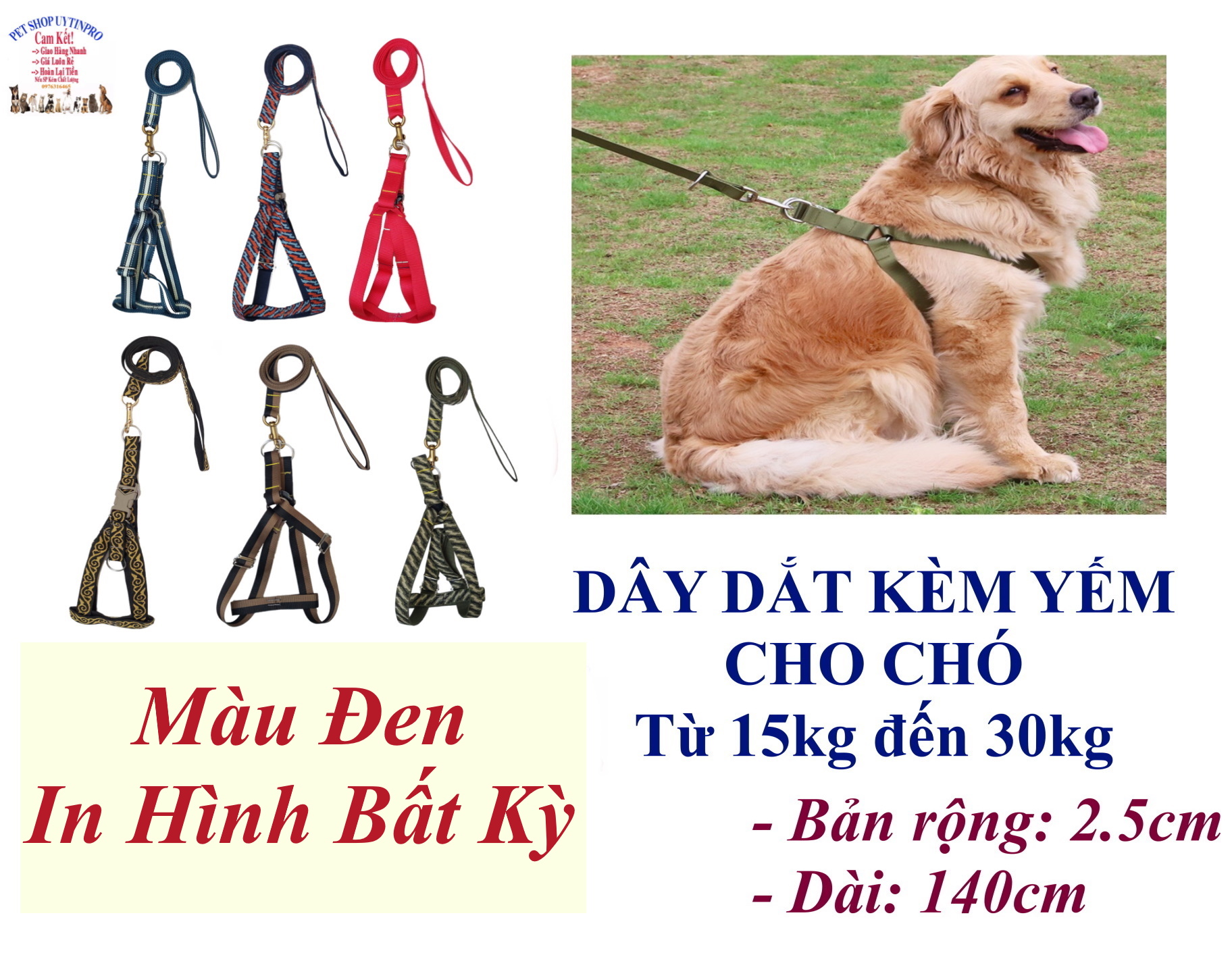 Dây dắt kèm yếm cho Chó Mèo từ 15kg đến 30kg Bản rộng 2.5cm Dài 140cm Chất liệu dù cao cấp, chắc chắn, An toàn