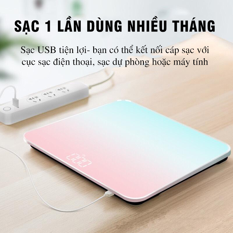 Cân Điện Tử Sức Khỏe Tải Trọng 180kg Màn Hình LCD Mặt Kính Chịu Lực Sạc Điện Không Cần Pin