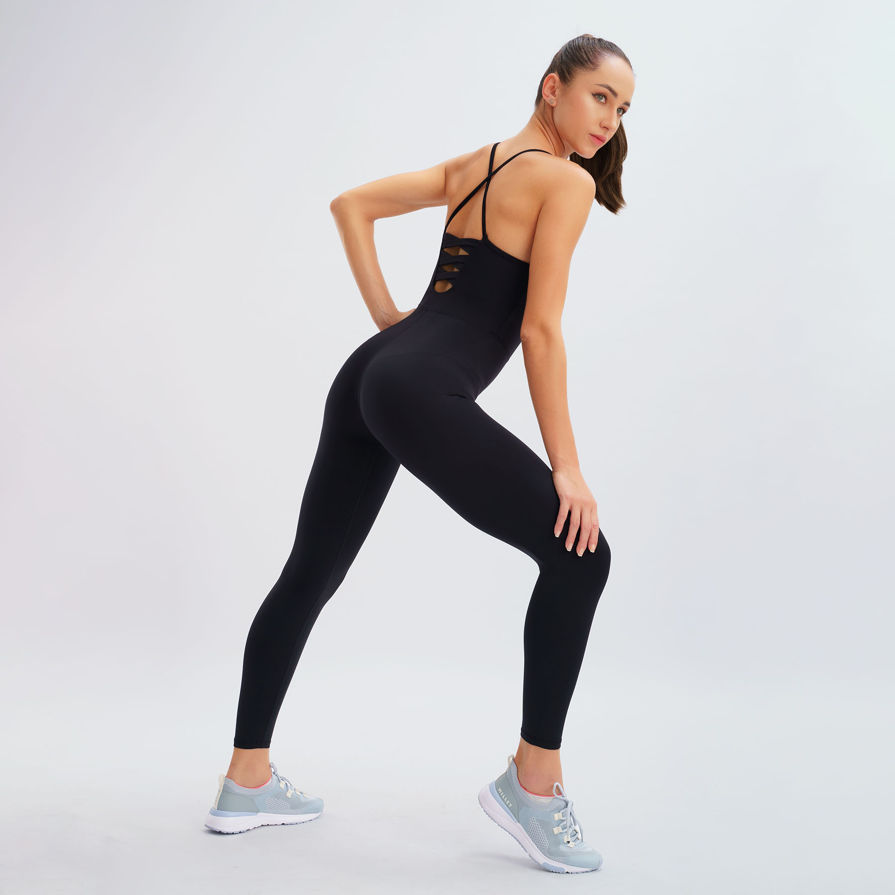 Bộ tập yoga gym Jumpsuit Hibi Sports J601 hai dây đan nơ, màu Đen kèm mút ngực, chất vải cao cấp Lu Fabric