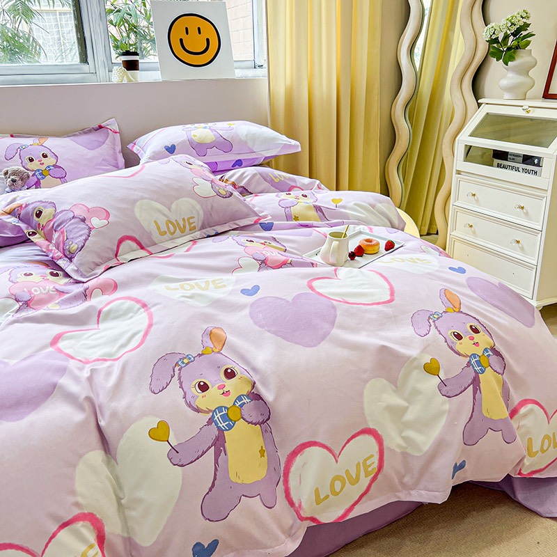 Bộ chăn ga gối poly new : thỏ tim tím 4 món Polycotton