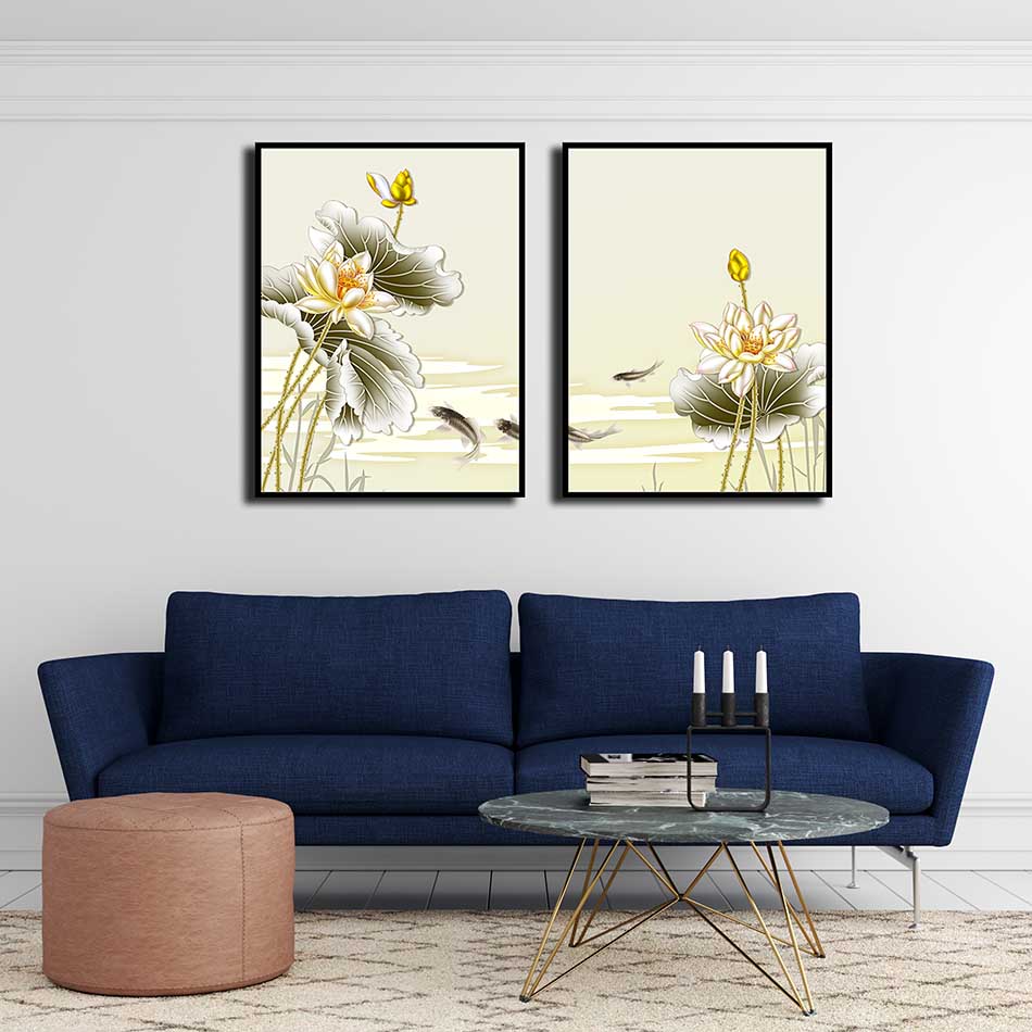 Bộ 2 tranh canvas treo tường Decor Họa tiết hoa sen và cá bơi lội - DC160