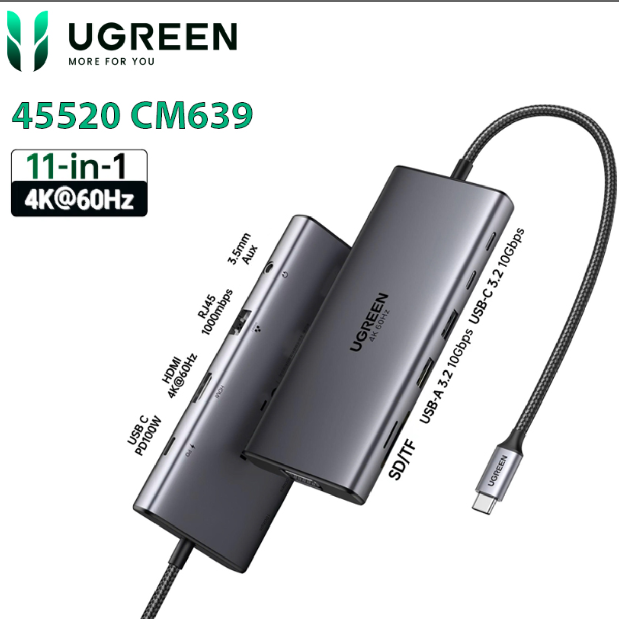 Bộ chuyển USB-C Docking Station 11 in 1 UGREEN 45520 CM639 4K@60Hz HDMI, 100W PD, Gigabit Ethernet - Hàng chính hãng