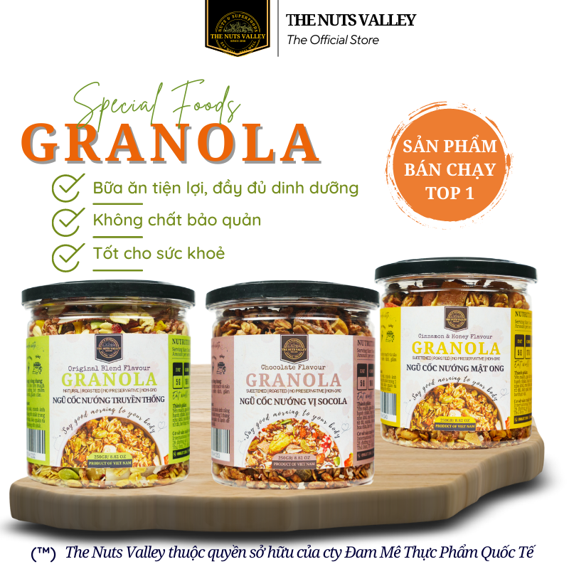 GRANOLA - Ngũ Cốc Healthy 3 Vị Tự Nhiên, Quế - Mật ong, Socola The Nuts Valley 250g