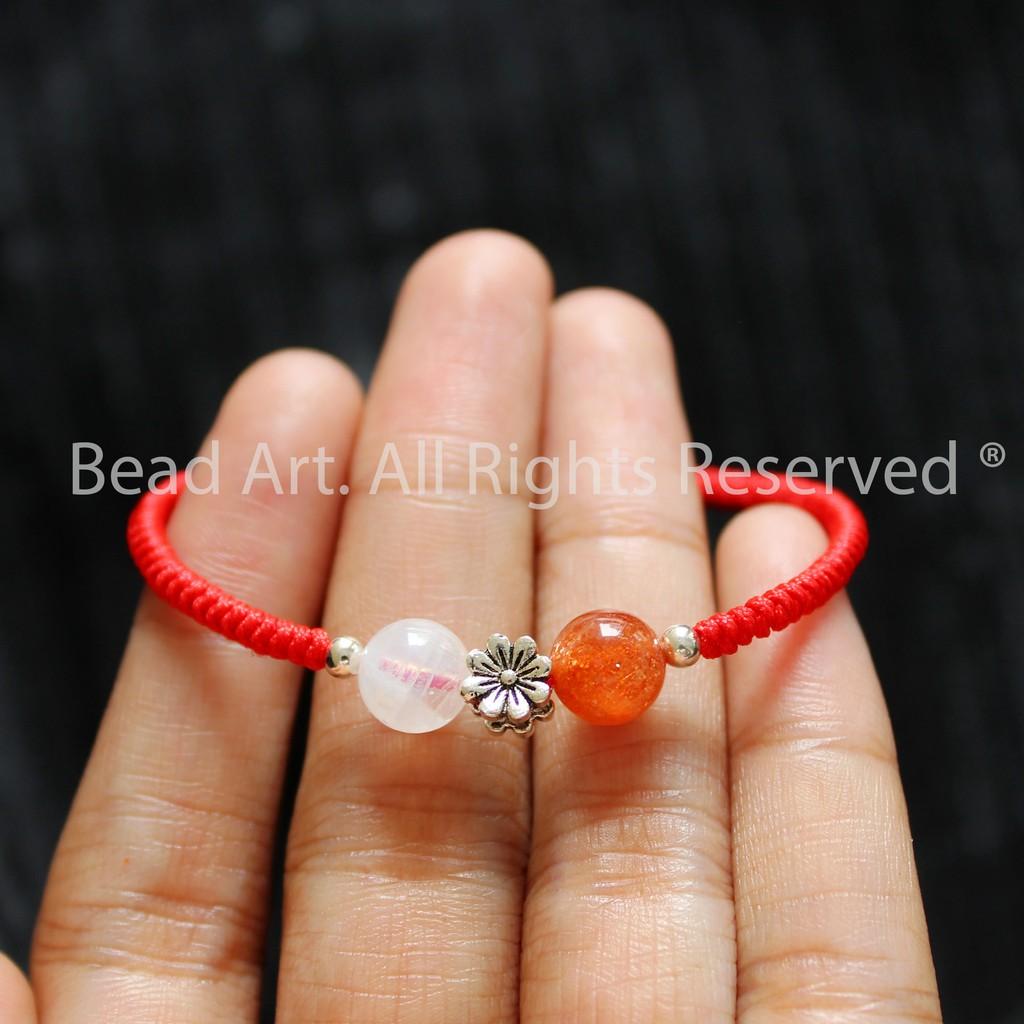 Vòng Tay Đá Moonstone, Đá Mặt Trăng Và Sunstone, Đá Mặt Trời Tự Nhiên Thắt Dây Chỉ Đỏ Handmade, Vòng Tay Phong Thuỷ - Bead Art