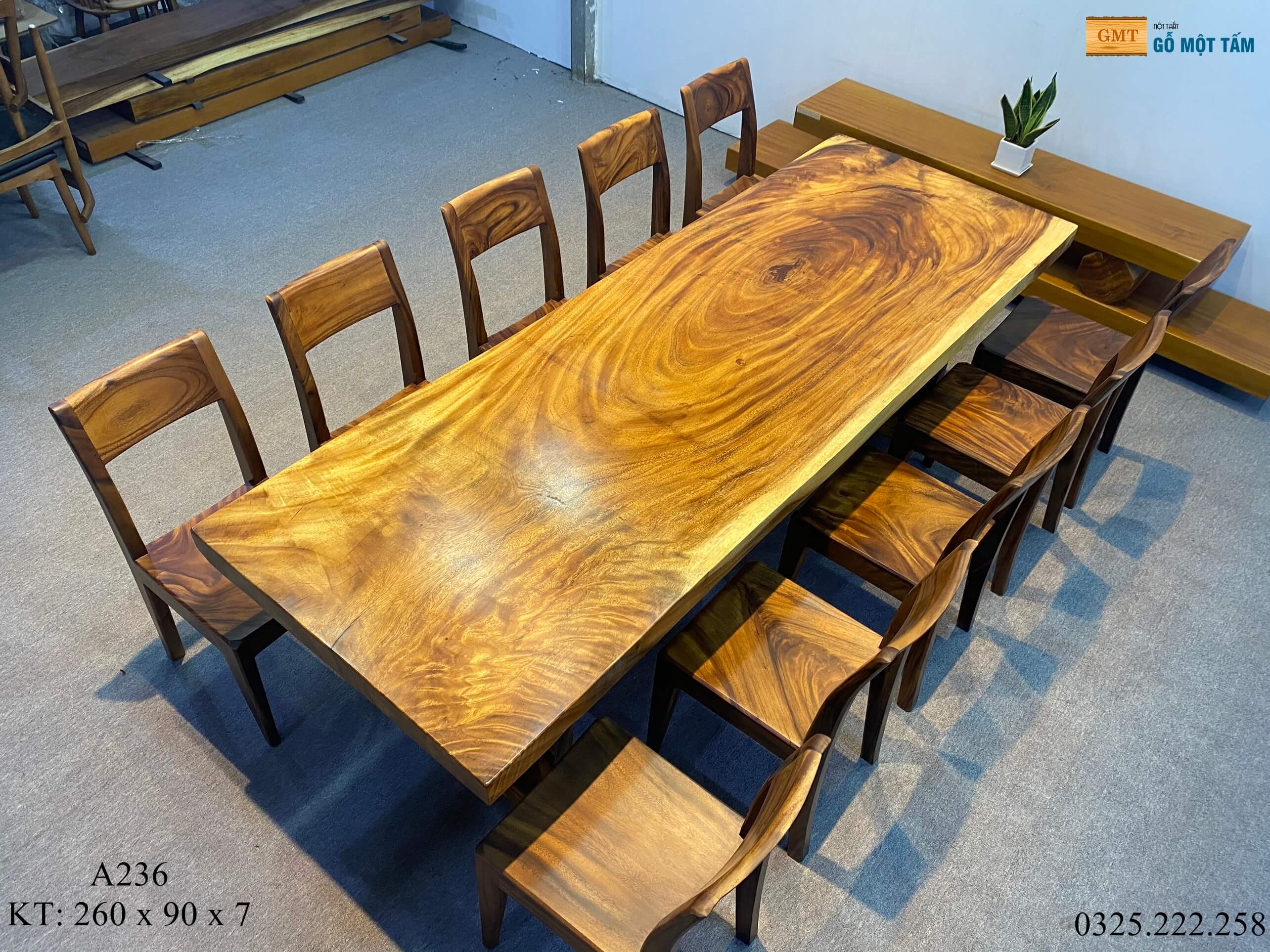 Bàn Ăn Gỗ Me Tây, Bàn Làm Việc Gỗ Me Tây, Bàn Gỗ Me Tây Nguyên Tấm Dài 2,6m Rộng 90cm Dày 7cm