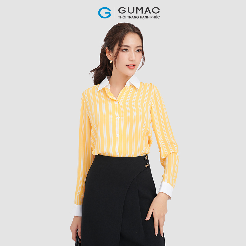 Áo sơ mi nữ GUMAC LA0911 tay dài họa tiết sọc phối vải trắng công sở